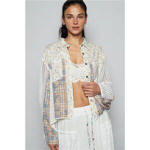 POL Floral Slit Back Plaid Patchwork Shirt